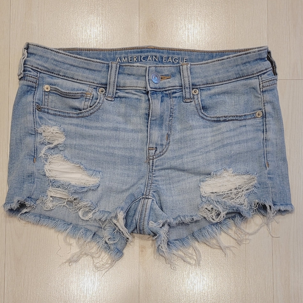 American Eagle AEO Next Level Distressed High Waisted Stretchy Blue Jean Shorts